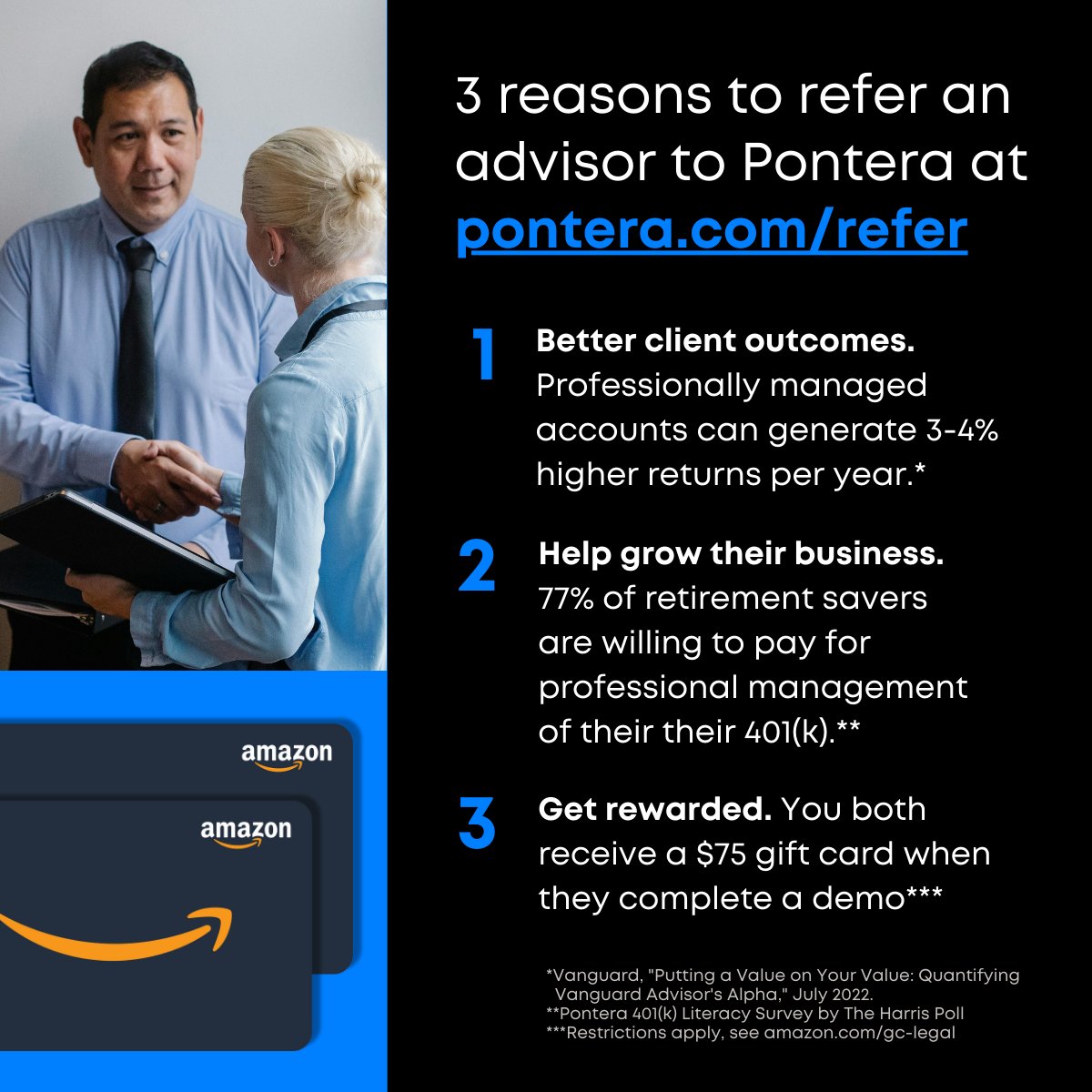 You already know there are lots of reasons why using <a href="/Pontera/">Pontera</a> is good for clients and for your business. So help spread the word: Refer an advisor to Pontera at hubs.li/Q02_Mbxs0 and you both can earn a $75 gift card. 
#retirebetter #401k #betteradvice #retirement