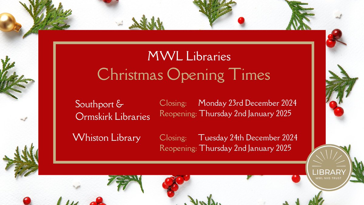 MWLNHSLibrary's tweet photo. MWL Libraries will be unstaffed during the times below. However if you have 24 hour access, you can use the libraries at any time. You can also get access to all our online resources 24/7 if you're a library member
Merry Christmas from the Team 🎄x
 #TeamMWL #libraryopeninghours https://t.co/1QIE4PrJu2