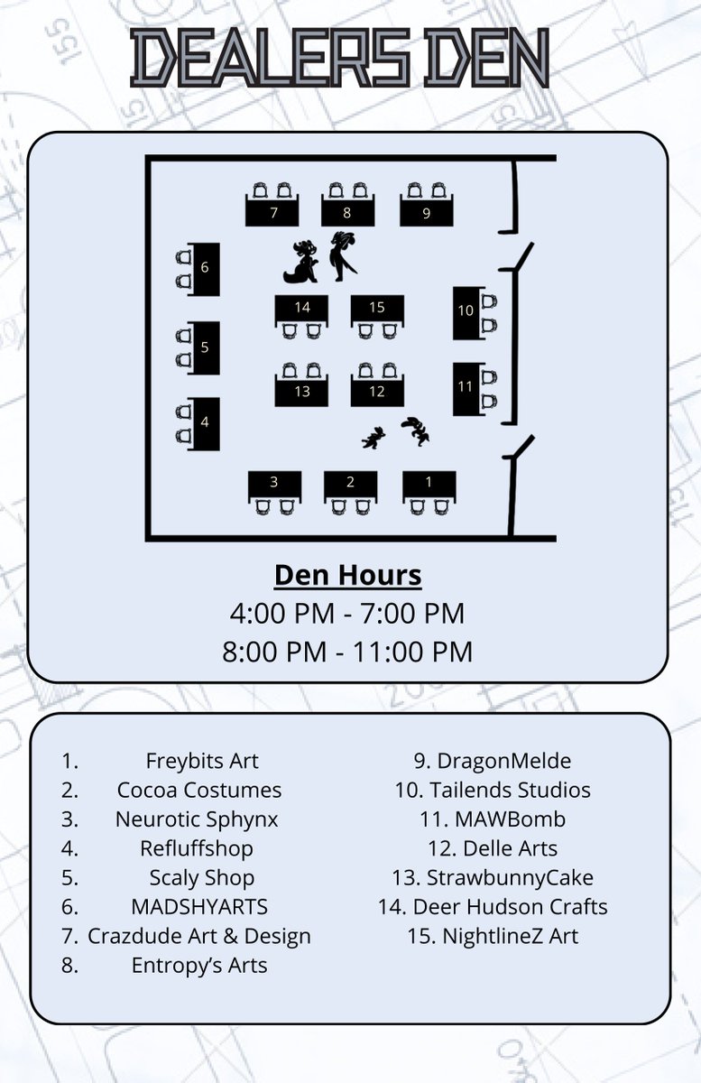 It took a lot of work to build the Dealer's Den, but we're happy to announce the construction project is complete! 

Please check out our Vendors and the DD map for #NYFB2025! The Dealer's Den will be open on both the 30th AND the 31st!
newyearsfurryball.com/schedule