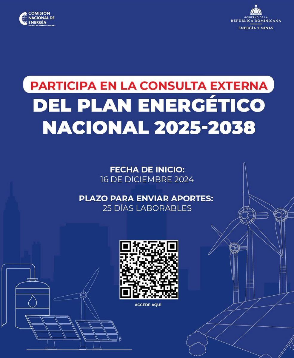 edwardverasdiaz's tweet photo. 🔋 ¡Es momento de definir juntos el futuro energético de RD! 🇩🇴

El Plan Energético Nacional 2025-2038
🗯️Participa en la consulta externa y
revisa el borrador y envía tus aportes 👉 en nuestra página web https://t.co/eipGQc5Gvk
@CNE_RD https://t.co/ecAgk8j3n7