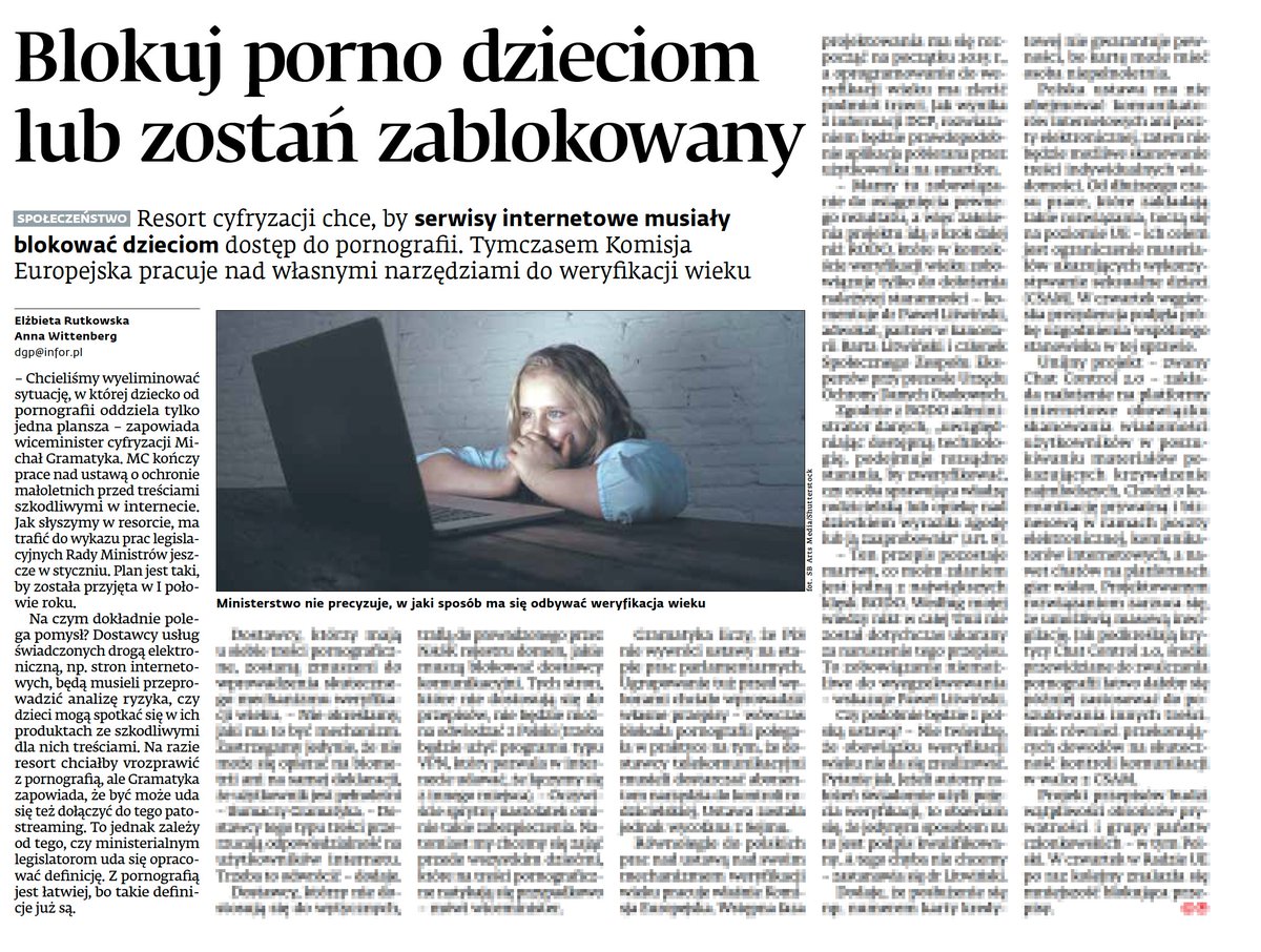 Dziennik Gazeta Prawna (@dgprawna) on Twitter photo ▶️ <a href="/CYFRA_GOV_PL/">Ministerstwo Cyfryzacji</a> chce, by serwisy internetowe musiały blokować dzieciom dostęp do pornografii. Tymczasem <a href="/EU_Commission/">European Commission</a> pracuje nad własnymi narzędziami do weryfikacji wieku.
🖋️ <a href="/jabrzoza/">Elżbieta Rutkowska</a> i <a href="/annawitten/">anna wittenberg</a> ▶️ <a href="/CYFRA_GOV_PL/">Ministerstwo Cyfryzacji</a> chce, by serwisy internetowe musiały blokować dzieciom dostęp do pornografii. Tymczasem <a href="/EU_Commission/">European Commission</a> pracuje nad własnymi narzędziami do weryfikacji wieku.
🖋️ <a href="/jabrzoza/">Elżbieta Rutkowska</a> i <a href="/annawitten/">anna wittenberg</a>
