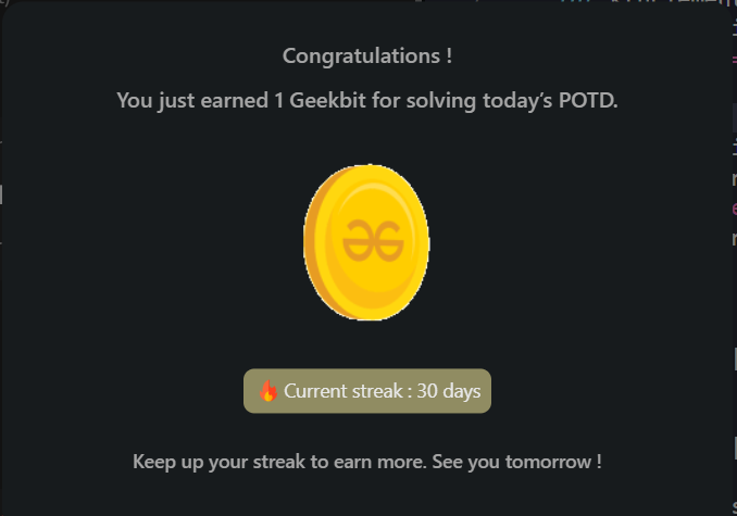 Goutam Mukherjee (@n0ob_coder) on Twitter photo 🎊🎉30 Days Streak Completed🥳😀🎊🎉
#Day30 of <a href="/geeksforgeeks/">GeeksforGeeks</a> 160 days Challenge:🚀🔥
Solved - Problem 32 #POTD: K-th Element of the Two Arrays✅
#geekstreak2024 #gfg160 #gfg #potd #geeksforgeeks #LearnInPublic 🎊🎉30 Days Streak Completed🥳😀🎊🎉
#Day30 of <a href="/geeksforgeeks/">GeeksforGeeks</a> 160 days Challenge:🚀🔥
Solved - Problem 32 #POTD: K-th Element of the Two Arrays✅
#geekstreak2024 #gfg160 #gfg #potd #geeksforgeeks #LearnInPublic