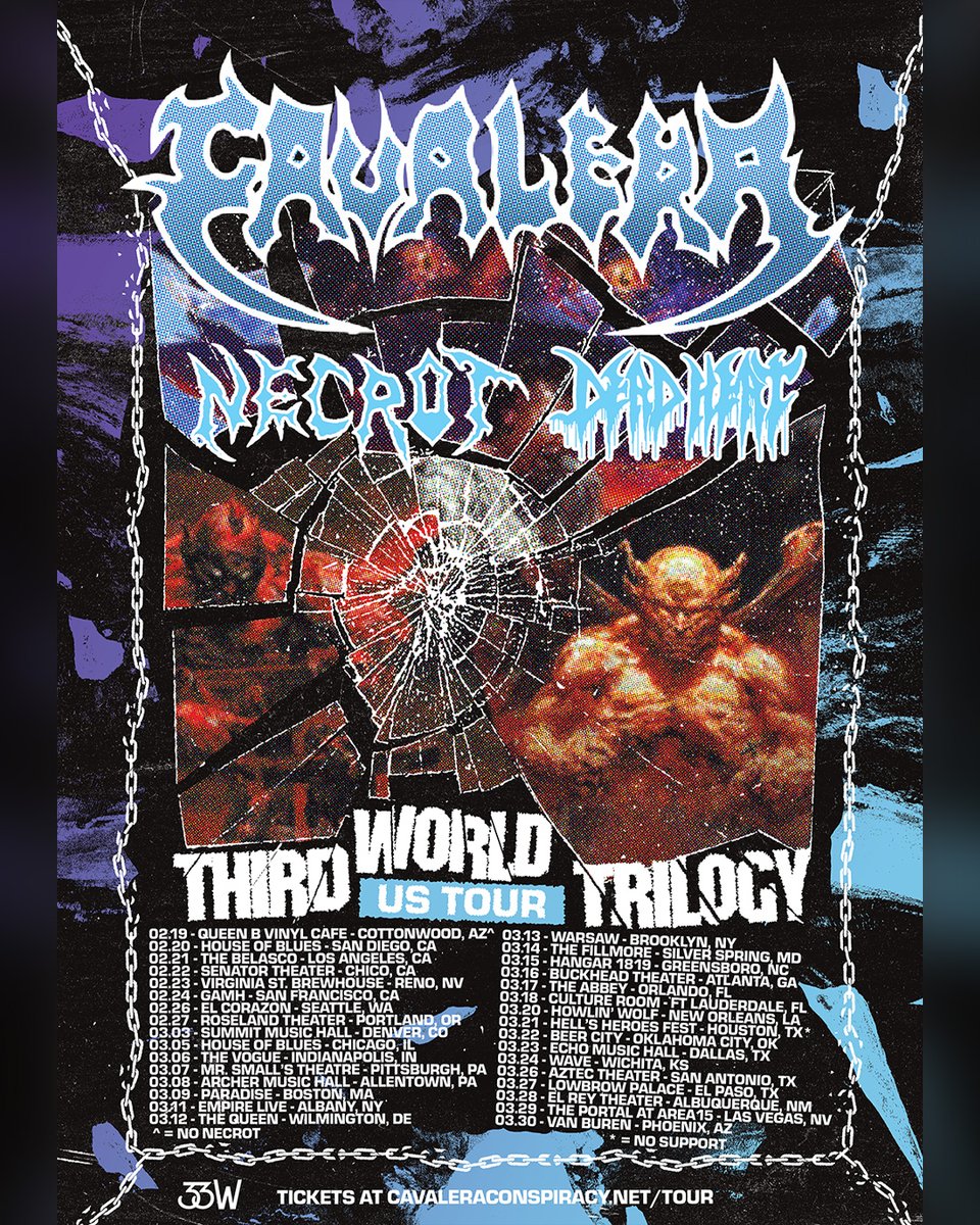 cavconspiracy's tweet photo. CAVALERA ‘Third World Trilogy’ Feb - March U.S. tour w/ Necrot &amp; Dead Heat

🎟️ PRE-SALE INFO

Dec 17
Artist Pre-sale (Code: RESTINPAIN)
10 AM Local Time

Dec 18
Spotify Pre-sale

Dec 19
BandsinTown Pre-sale

Dec 20
General Public On-Sale
10 AM Local Time
https://t.co/eBFMUTMpt1 https://t.co/0AC6uEr1J3