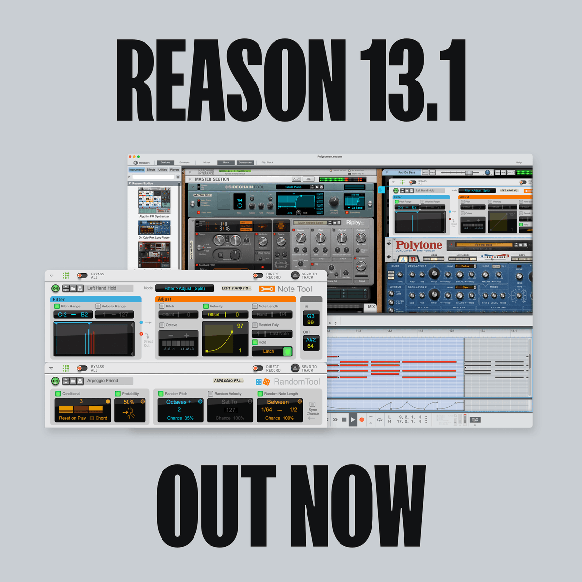 Reason 13.1 is here!
This free update includes two new devices; these are Player MIDI effects: Note Tool and Random Tool.

We have also put a lot of work into improvements, bug fixes and new feature.

reasonstudios.com/news/post/reas…