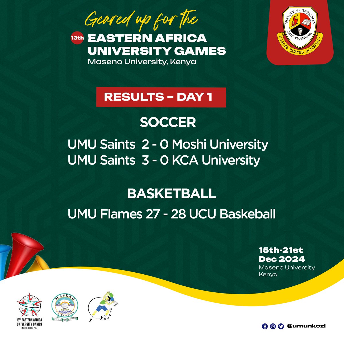 Uganda Martyrs University (@umunkozi) on Twitter photo The first day of the #EastAfricaUniversity Games 2024, hosted at <a href="/Maseno_Uni/">Maseno University</a> in Kenya, commenced with great enthusiasm and competitive spirit. <a href="/umunkozi/">Uganda Martyrs University</a> teams had a strong start, competing in basketball and soccer on day one.
#13thEasternAfricaUniversityGames The first day of the #EastAfricaUniversity Games 2024, hosted at <a href="/Maseno_Uni/">Maseno University</a> in Kenya, commenced with great enthusiasm and competitive spirit. <a href="/umunkozi/">Uganda Martyrs University</a> teams had a strong start, competing in basketball and soccer on day one.
#13thEasternAfricaUniversityGames