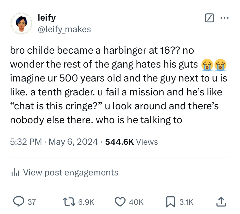 leify_makes's tweet photo. this one and it’s not even close. the people yearn for childe brainrot https://t.co/EQ2rAzud0U