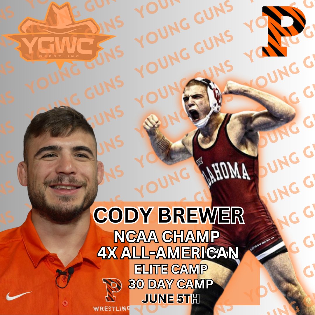 NCAA Champ and current <a href="/tigerwrestling/">Princeton Wrestling</a>  assistant coach <a href="/CodyBrewer_133/">Cody Brewer</a>  will be at Young Guns camp on June 5th, 2025.

The June 30-Day and the Elite 1 campers will get the full experience of the four-time All-American.

younggunswrestlingcamps.com