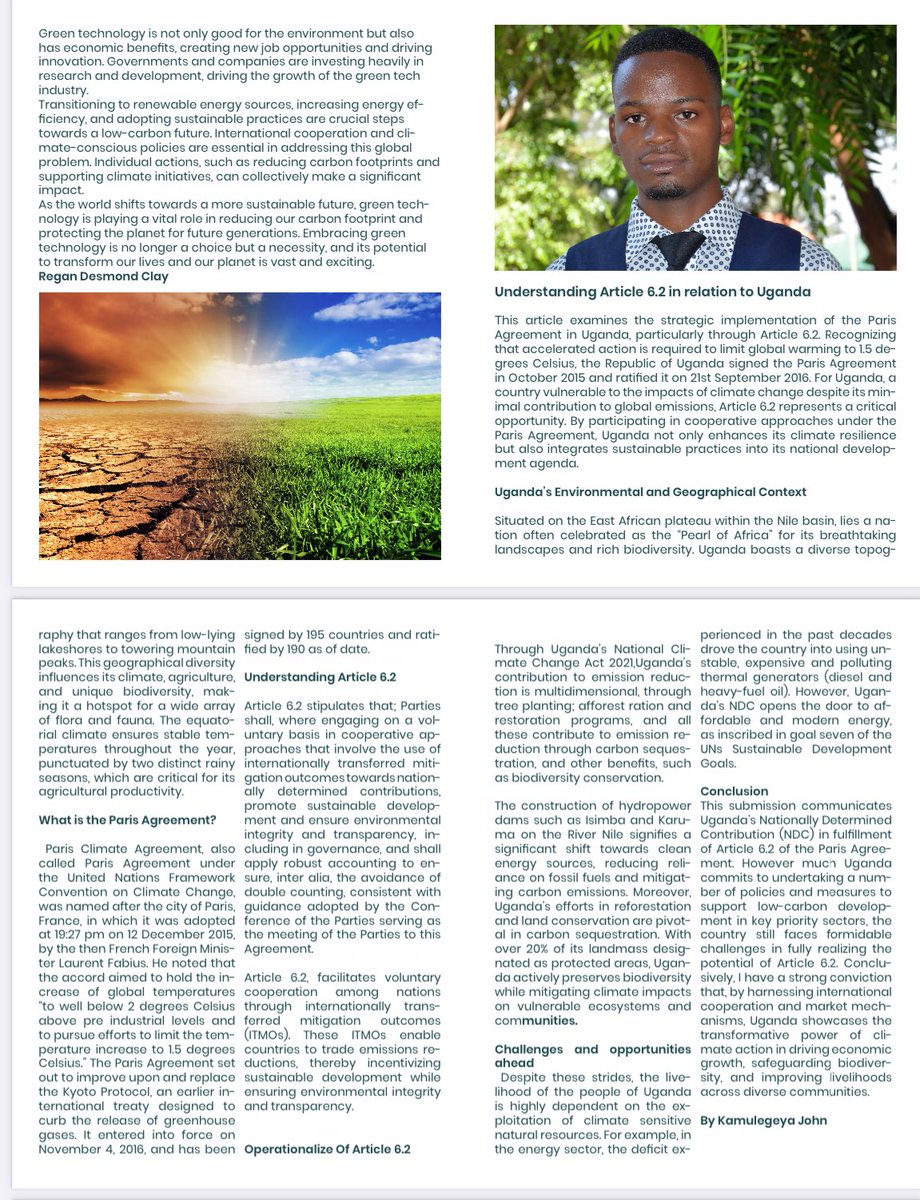 KAMULEGEYA JOHNCHRISESTOM🇺🇬 (@kaamu_literati) on Twitter photo At COP 29 in Baku, Azerbaijan Parties unanimously adopted decision texts on Article 6.2 and 6.4 of the Paris Agreement. My article in the Environmental Magazine focuses on understanding Article 6.2 in relation to Uganda.
<a href="/OneCarbonWorld1/">One Carbon World</a> <a href="/UNFCCC/">UN Climate Change</a> <a href="/AyebareDenise/">Denise Ayebare</a> <a href="/AneteGaroza/">Anete Garoza</a> At COP 29 in Baku, Azerbaijan Parties unanimously adopted decision texts on Article 6.2 and 6.4 of the Paris Agreement. My article in the Environmental Magazine focuses on understanding Article 6.2 in relation to Uganda.
<a href="/OneCarbonWorld1/">One Carbon World</a> <a href="/UNFCCC/">UN Climate Change</a> <a href="/AyebareDenise/">Denise Ayebare</a> <a href="/AneteGaroza/">Anete Garoza</a>