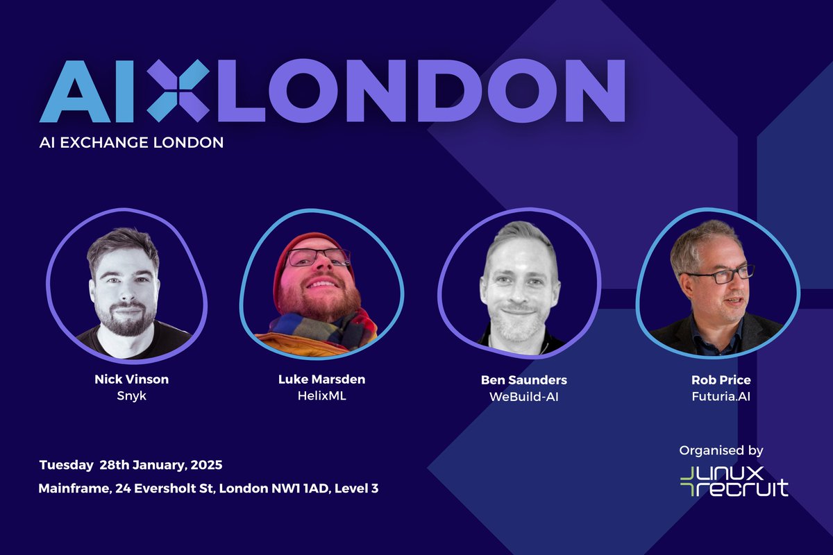 LinuxRecruit (@linuxrecruit) on Twitter photo Inspired by the rapid growth of the <a href="/TheDoxHub/">DevOps Exchange Hub</a>, we are pleased to announce that we will now also be sponsoring the AI Exchange, a brand new community dedicated to all things AI.
The 1st event will be taking place on the 28th Jan 2025.
To RSVP - bit.ly/InauguralAIExc… Inspired by the rapid growth of the <a href="/TheDoxHub/">DevOps Exchange Hub</a>, we are pleased to announce that we will now also be sponsoring the AI Exchange, a brand new community dedicated to all things AI.
The 1st event will be taking place on the 28th Jan 2025.
To RSVP - bit.ly/InauguralAIExc…