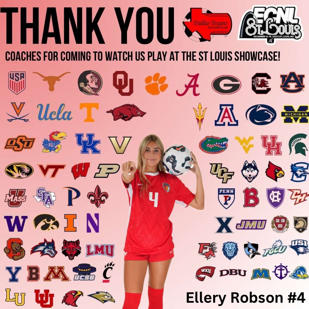 Thank you to all the coaches that came to <a href="/ECNLgirls/">ECNL Girls</a> St. Louis Showcase to watch my teammates and I compete. We hope to see you in Florida this upcoming January. <a href="/Texans09gECNL/">Dallas Texans 09G ECNL</a> <a href="/PrepSoccer/">Prep Soccer ⚽️</a> <a href="/PrepSoccerTX/">Prep Soccer Texas</a> <a href="/TopDrawerSoccer/">TopDrawerSoccer</a> <a href="/TheSoccerWire/">SoccerWire</a> <a href="/ImYouthSoccer/">ECNL/GA/Recruiting/College Soccer</a> <a href="/ImCollegeSoccer/">College Soccer Truth ™</a> <a href="/TheECNL/">The ECNL</a>