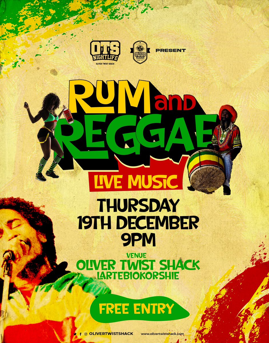 Enjoy live performances of your favorite Reggae tunes and authentic local rum blends at Oliver Twist Shack at the RUM &amp; REGGAE night.

RUM &amp; REGGAE
📍OLIVER TWIST SHACK
🗓️ 19th December, 2024
⏰ 9pm
DON’T MISS OUT ON THIS!
#olivertwistshack #otway #ask4more #rumnreggae #livemusic