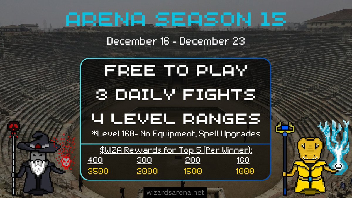 Season 15 of Arena will be Live in 10 minutes!!!

Who will claim the Top Spot in each Level Range??

This is your chance to put your new Wizards to the test for free!

#KDA $KDA #Kadena #NFT