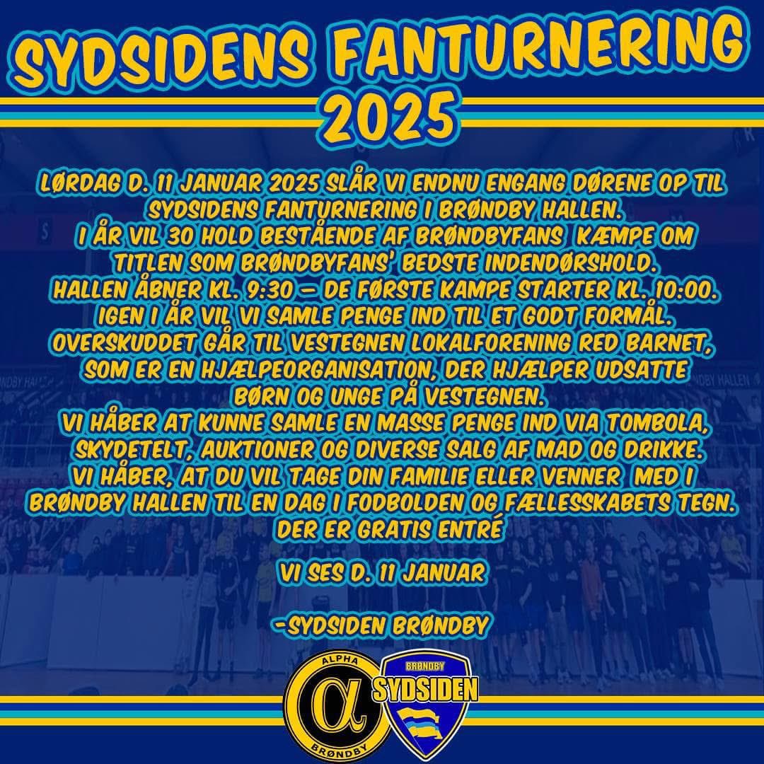 Tak for i går, Brøndby. Tak til Svinget for gæstfrihed og samarbejde og tak til resten af stadion for at trykke på!

Vi håber at se mange af jer i Brøndby Hallen den 11. januar til Sydsidens Fanturnering ⚽️🏆