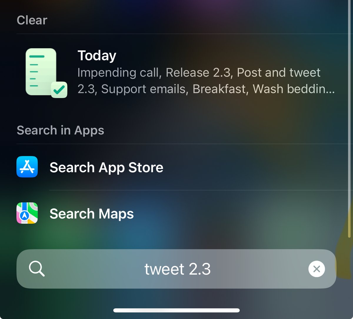 Clear 2.3 is out with Spotlight search! Plus initial hotkeys, some fixes and polish. 🔍⌨️

Search works well, note that sometimes you'll have to tap 'more results' to view results from Clear.

Syncing is progressing, hope to kick off alpha testing with some of you in January.