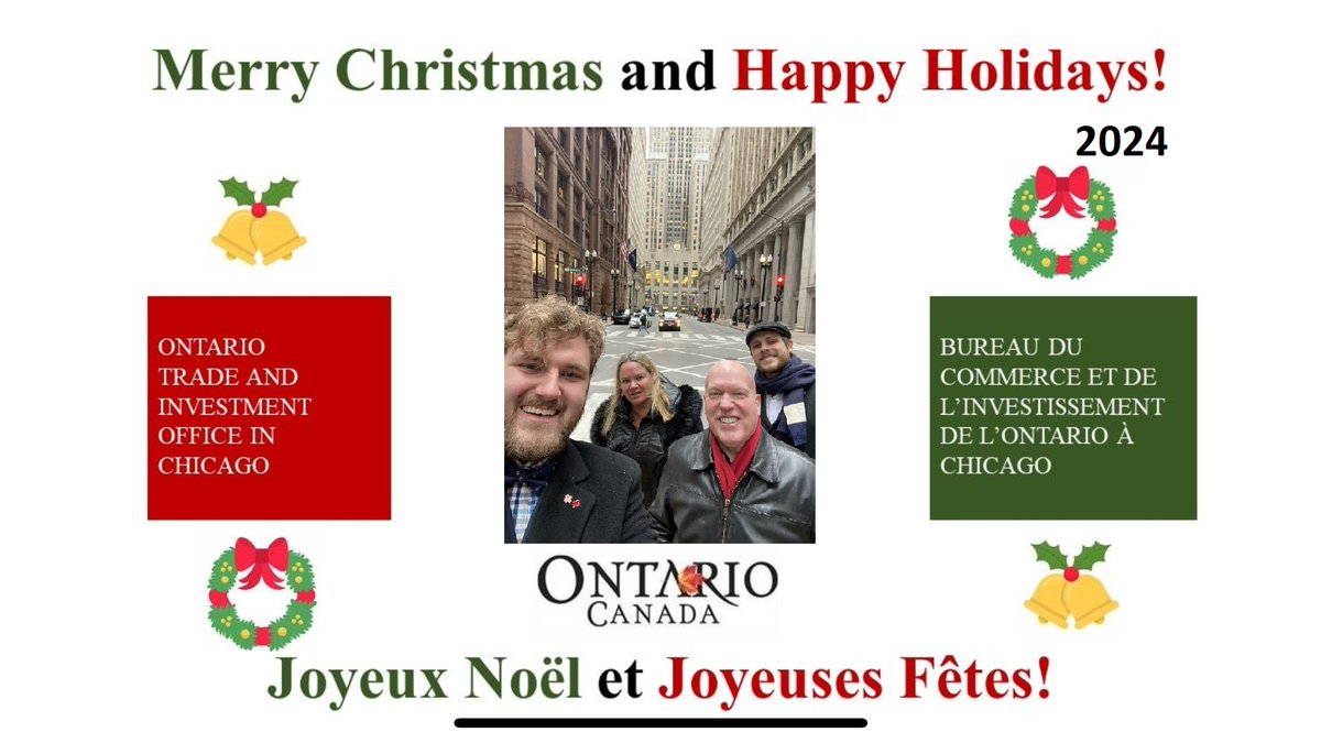 EarlProvost's tweet photo. Happy Holidays from the Ontario Trade and Investment Office in Chicago.
#openforbusiness #businessdevelopment #usmca #cusma #commerce #internationaltrade #greatlakes #midwest #USCanada #friendsandneighbors #crossborderdialogue #investontario #ontariomade #skilledlabour #jobs https://t.co/wyS1uECdvN