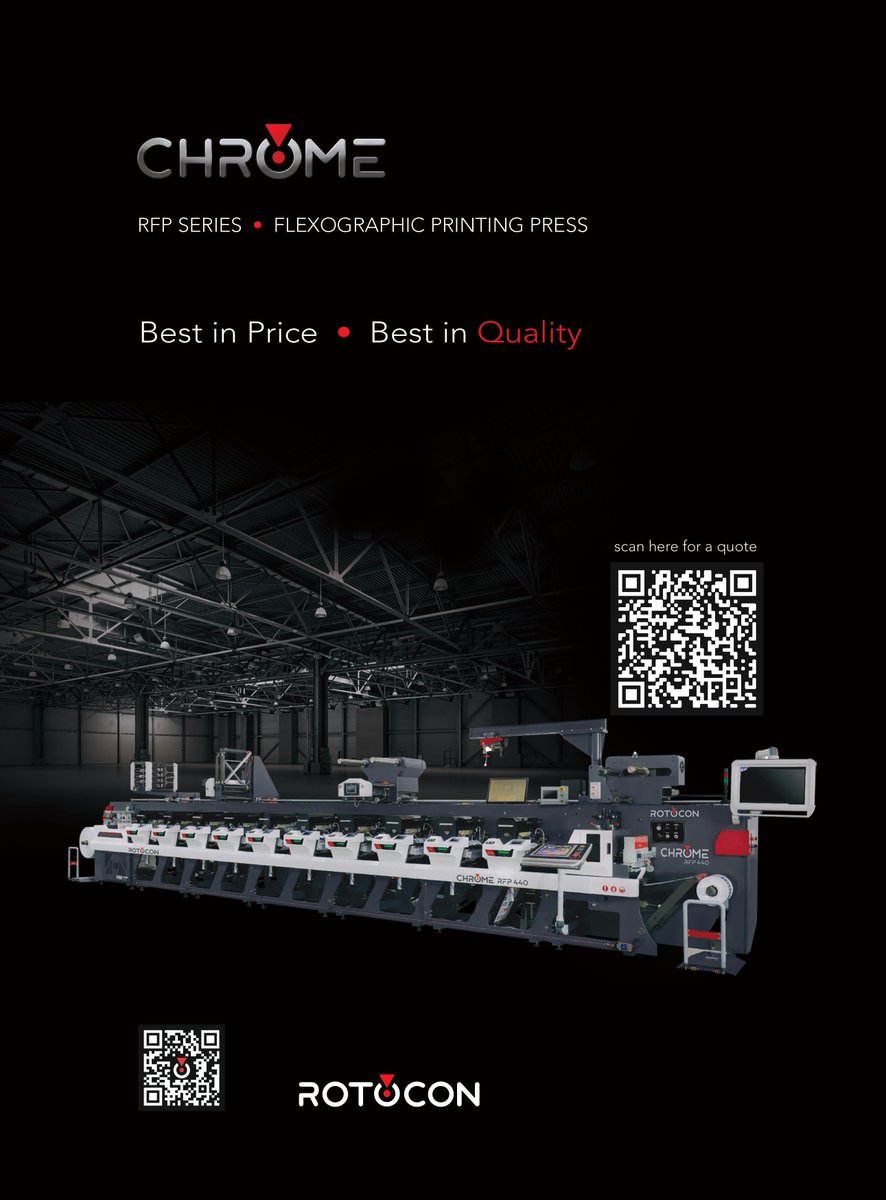Our CHROME RFP flexo printing machines are designed to be highly customizable, featuring advanced converting options at a competitive price point, while delivering exceptional quality that meets international standards.

Contact us to learn more!

#ROTOCON #CHROME #flexoprinting