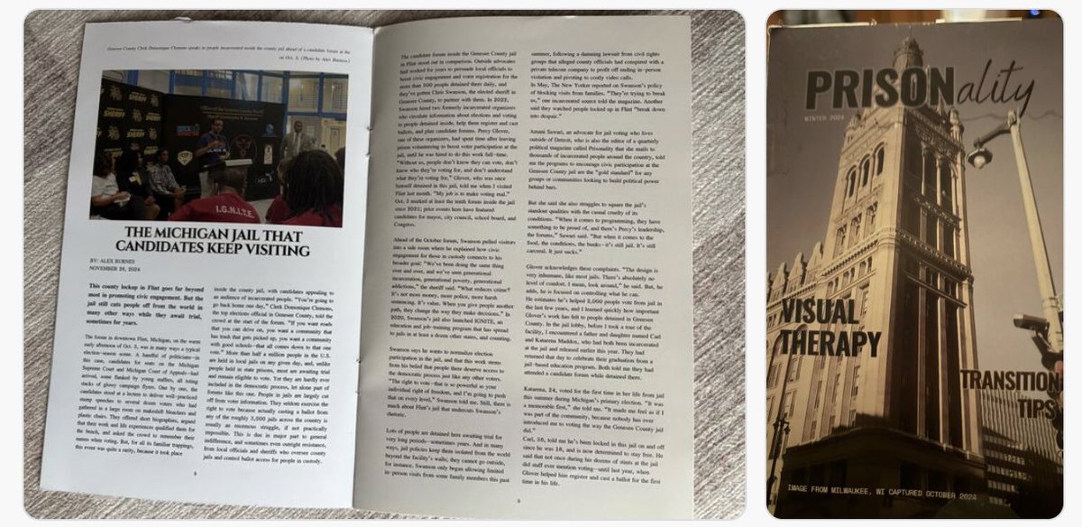 Bolts recently published a story on a Michigan jail, which is seeing civic engagement amid otherwise dismal conditions. (You may have seen it!)

A mag called Prisonality, which is distributed to 2,000+ people in prison just reprinted it &amp; is circulating it. Which is cool to see: