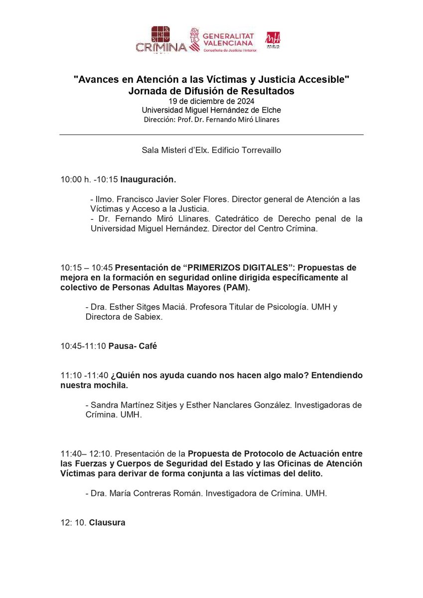 Crímina UMH (@criminaumh) on Twitter photo 📢 El próximo jueves 19 de diciembre tendrá lugar la jornada "Avances en Atención a las Víctimas y Justicia Accesible" en la Universidad Miguel Hernández de Elche.  
🗓️ ¡Inscripciones abiertas!  
Apúntate ya 👇🏻
🔗docs.google.com/forms/d/1A0cn4… 📢 El próximo jueves 19 de diciembre tendrá lugar la jornada "Avances en Atención a las Víctimas y Justicia Accesible" en la Universidad Miguel Hernández de Elche.  
🗓️ ¡Inscripciones abiertas!  
Apúntate ya 👇🏻
🔗docs.google.com/forms/d/1A0cn4…