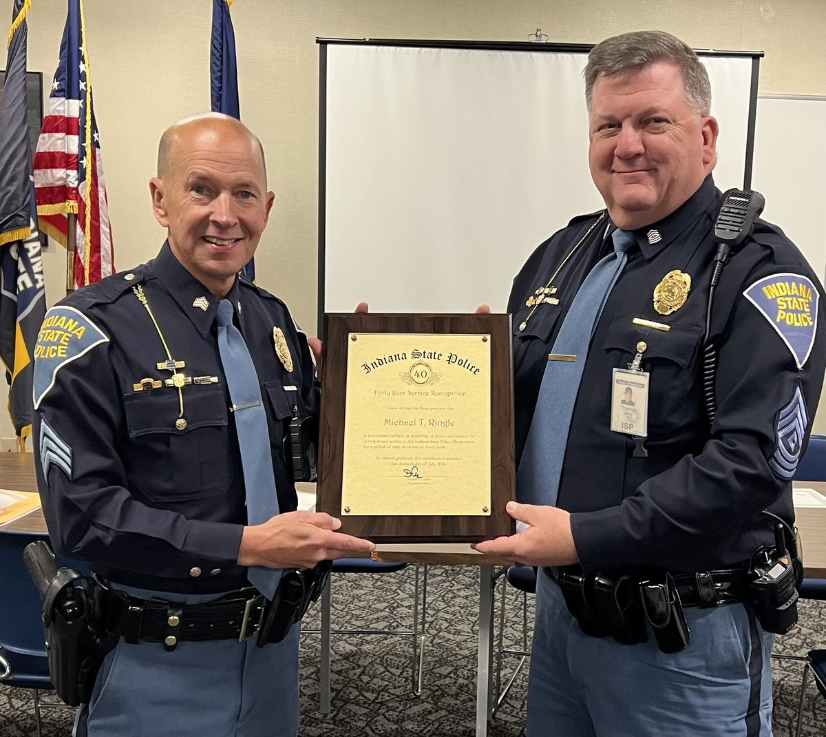 ISPEvansville's tweet photo. Last week at our post meeting, First Sergeant Tom Weber presented my service plaque for 40 years of dedicated service. My career with the ISP started in July 1984 as a radio dispatcher and then as a trooper in November 1985. https://t.co/nw8D5Udczs