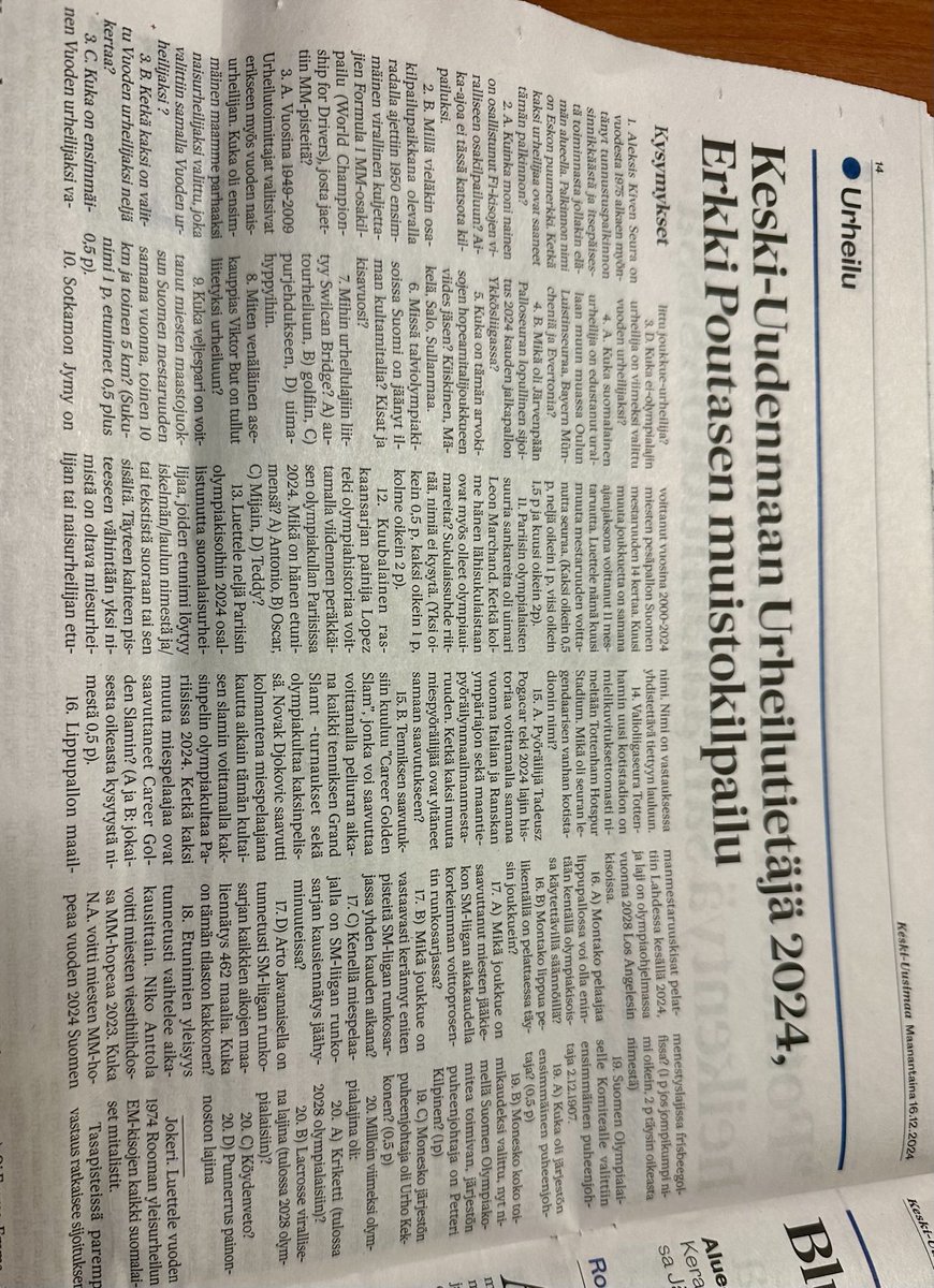 Voittaja raapaisi 35/40. Paljonko sinä?