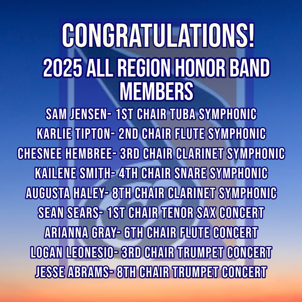 Congratulations to these band members for being selected to play in the 2025 Bluegrass All-Region band! We are so proud of you all!! 💙🧡🦅
