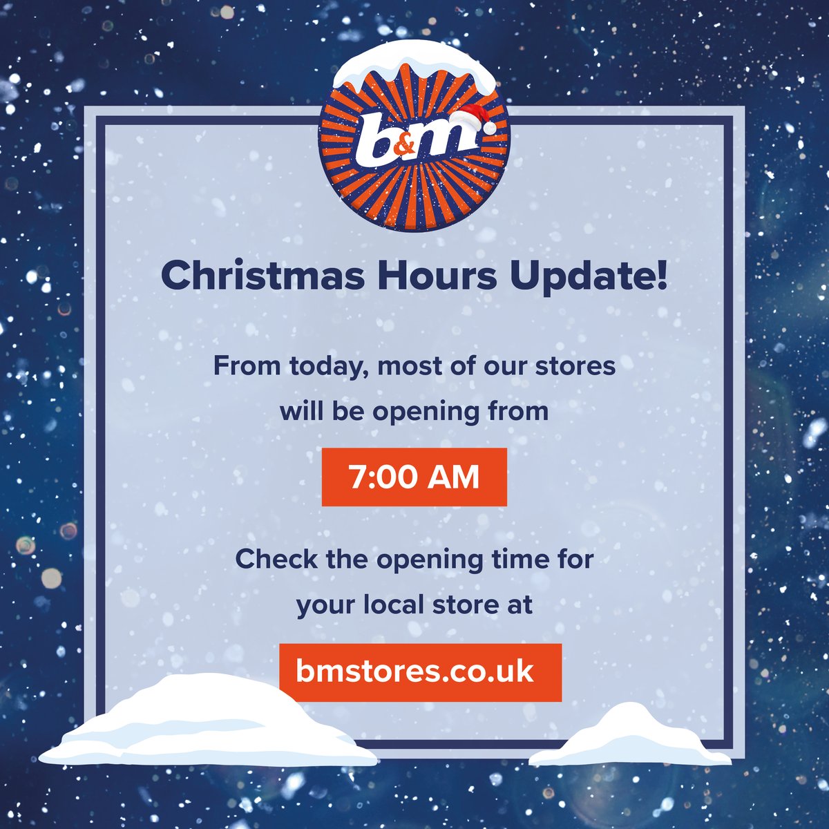 Christmas Hours Update!

From today, most of our stores will be opening from 7:00am.

Check the opening time for your local store at: bmstores.co.uk/stores