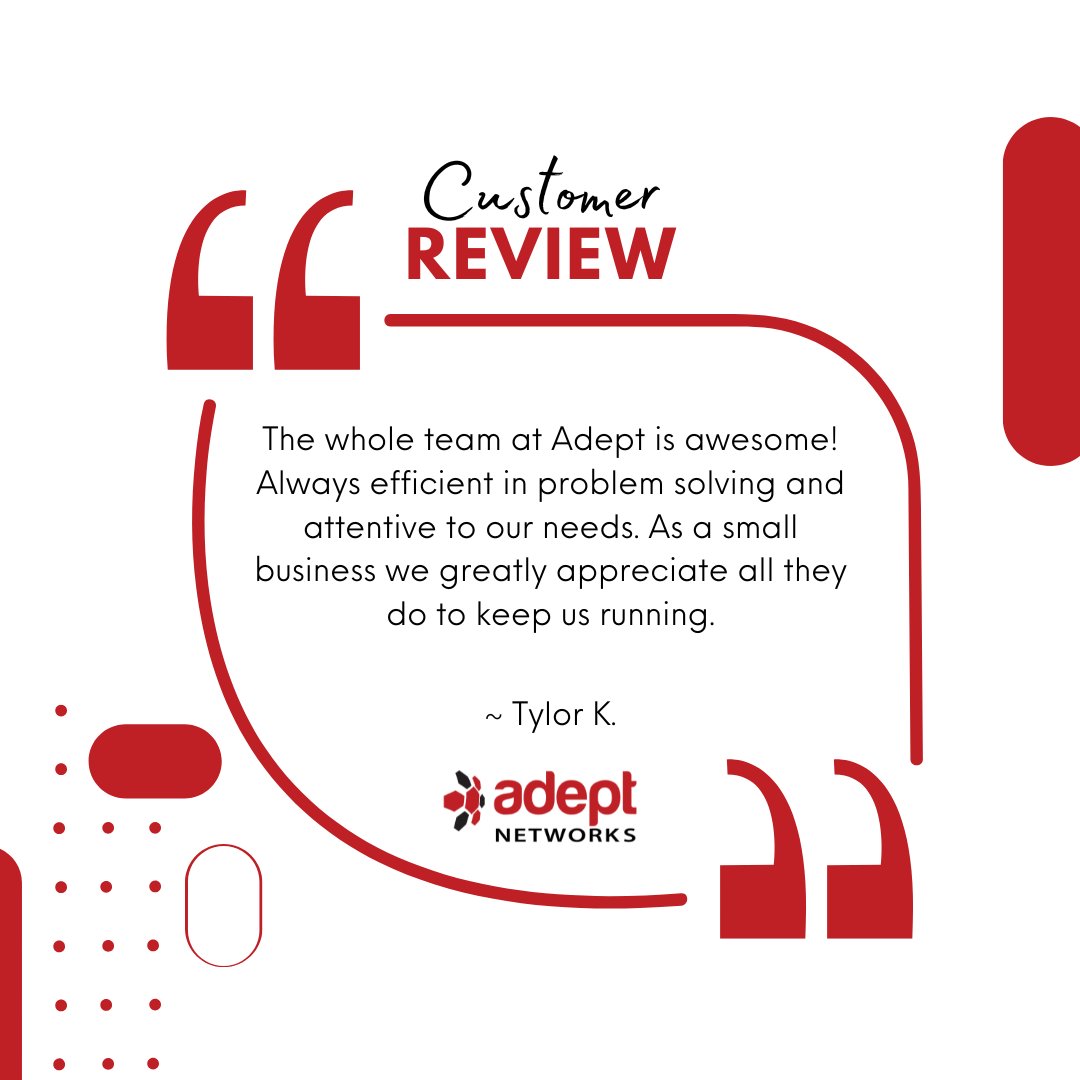 AdeptNetworks's tweet image. 😀 We love working with happy clients and take pride in providing them with the best problem-solving IT help.
Get in touch with us today and let us help you keep your business running successfully.
👉🏻 ow.ly/WwyL50UhOvZ
#ITSupport #NetworkServices #ComputerSupport