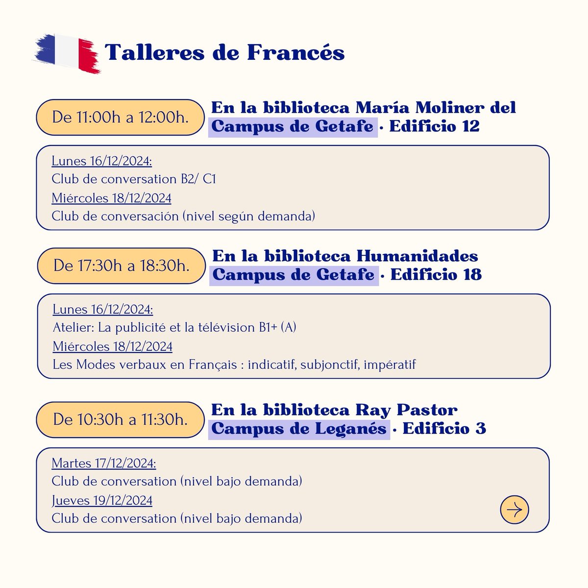 IdiomasUC3M's tweet photo. Nunca dejes de aprender 📚
¡Acude a las Talleres de Idiomas para perfeccionar tu nivel de idiomas! 📈
👉 Mañanas y tardes en los campus de Getafe, Leganés y Colmenarejo.
Talleres de #Español 🇪🇸 #Francés 🇫🇷 #Inglés 🇬🇧
#AulaDeIdiomas https://t.co/7rehsBcqIN