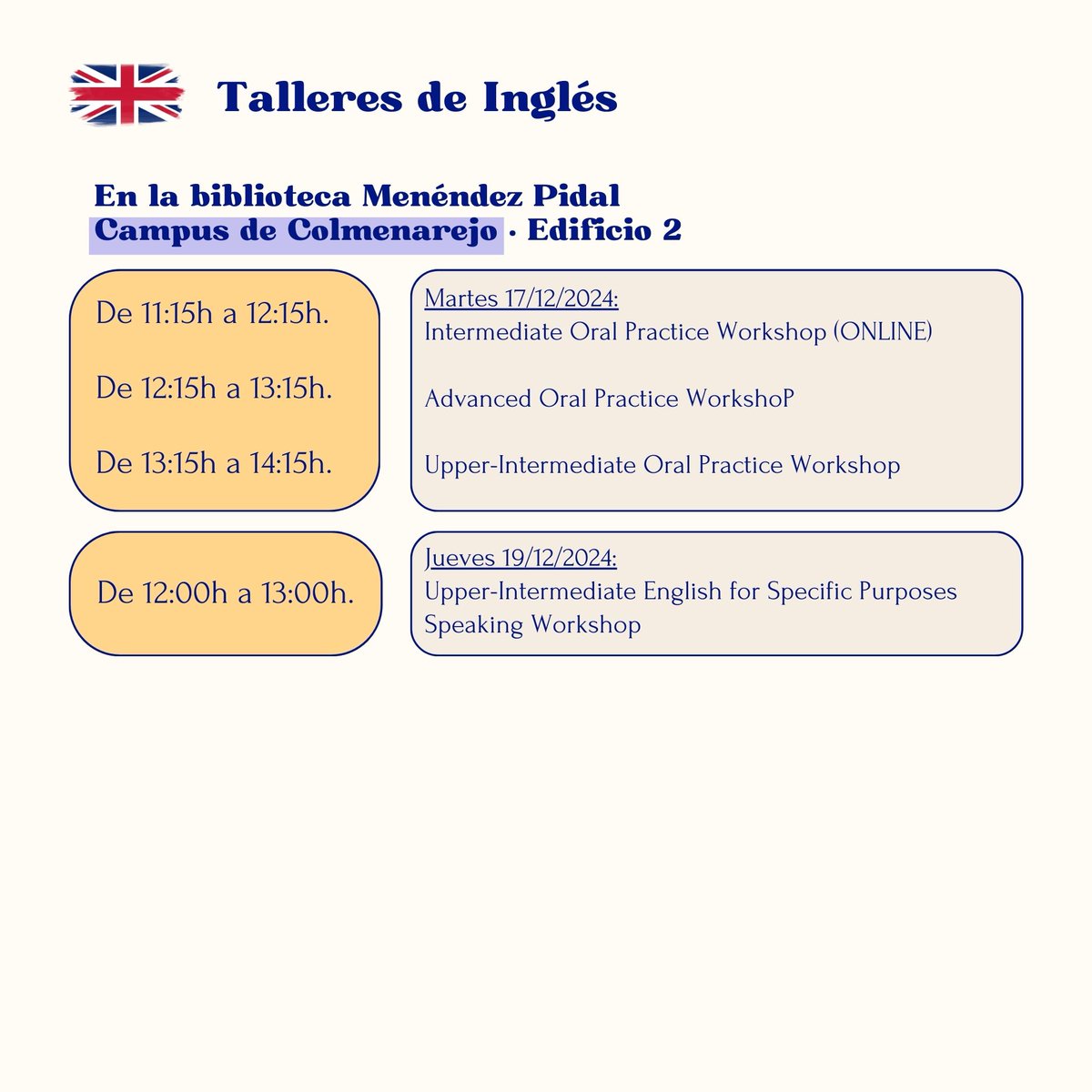 IdiomasUC3M's tweet photo. Nunca dejes de aprender 📚
¡Acude a las Talleres de Idiomas para perfeccionar tu nivel de idiomas! 📈
👉 Mañanas y tardes en los campus de Getafe, Leganés y Colmenarejo.
Talleres de #Español 🇪🇸 #Francés 🇫🇷 #Inglés 🇬🇧
#AulaDeIdiomas https://t.co/7rehsBcqIN