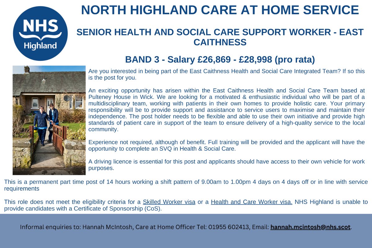 ⭐Senior Health and Social Care Support Worker, East Caithness Care at Home Service⭐ 

Closing date:- Sunday 5th January 2025

Apply here: apply.jobs.scot.nhs.uk/Job/JobDetail?…