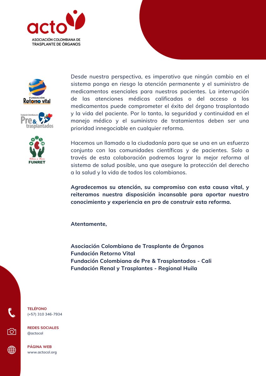 🔴 COMUNICADO IMPORTANTE – Reforma del Sistema de Salud 🔴

La Asociación Colombiana de Trasplante de Órganos (ACTO), junto con fundaciones aliadas, hace un llamado urgente a los Senadores, Representantes y a la ciudadanía