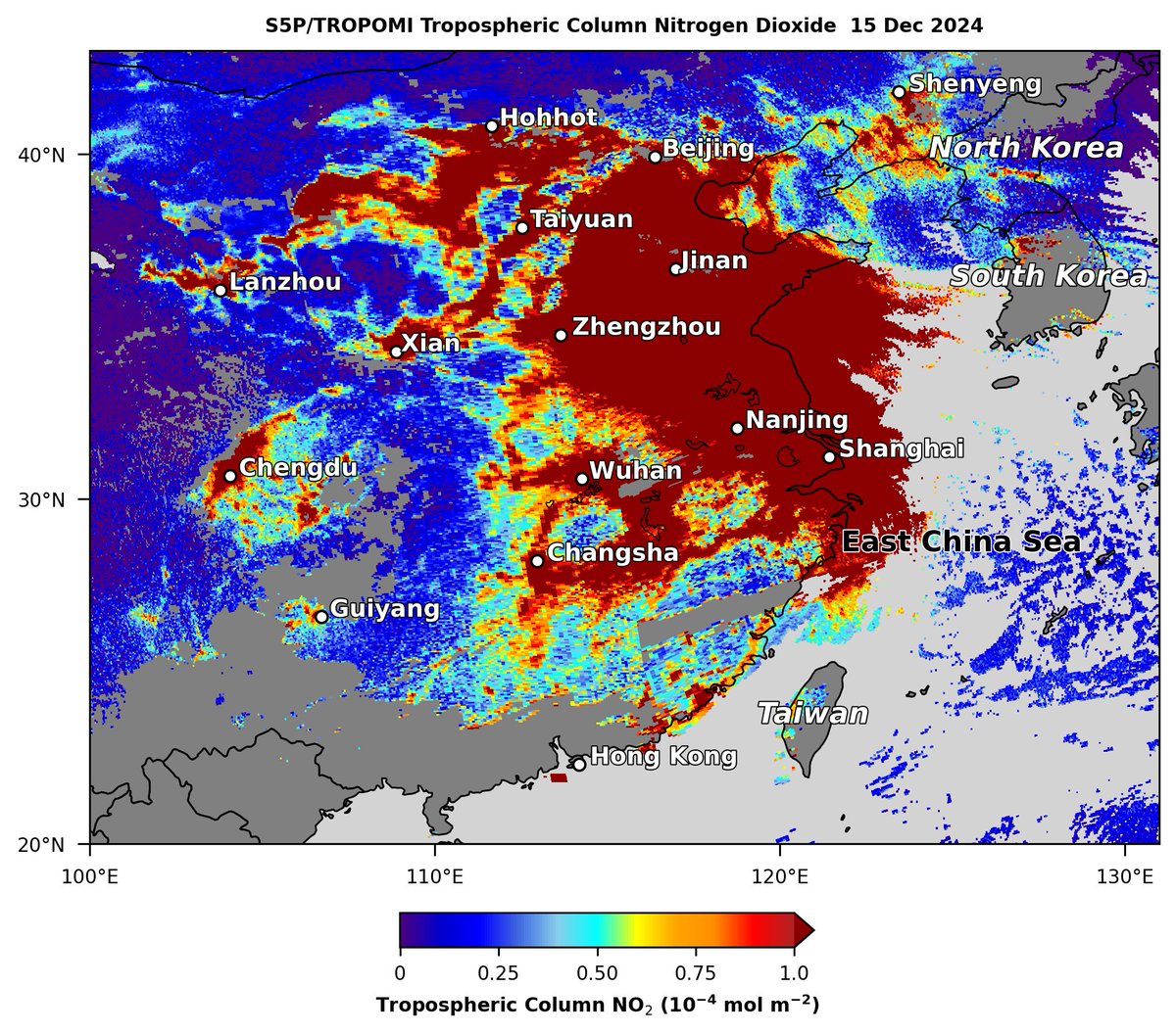 AerosolWatch (@aerosolwatch) on Twitter photo #Sentinel5P #TROPOMI observed very high nitrogen dioxide (NO2) emissions (dark red shading), likely from urban & industrial sources, covering eastern #China on 15 Dec, including cities of #Beijing, #Shanghai, #Zhengzhou & #Nanjing. <a href="/CopernicusEMS/">Copernicus EMS</a> <a href="/DGoldbergAQ/">Dan Goldberg, PhD</a> <a href="/NaegerAaron/">Aaron Naeger</a> #Sentinel5P #TROPOMI observed very high nitrogen dioxide (NO2) emissions (dark red shading), likely from urban & industrial sources, covering eastern #China on 15 Dec, including cities of #Beijing, #Shanghai, #Zhengzhou & #Nanjing. <a href="/CopernicusEMS/">Copernicus EMS</a> <a href="/DGoldbergAQ/">Dan Goldberg, PhD</a> <a href="/NaegerAaron/">Aaron Naeger</a>