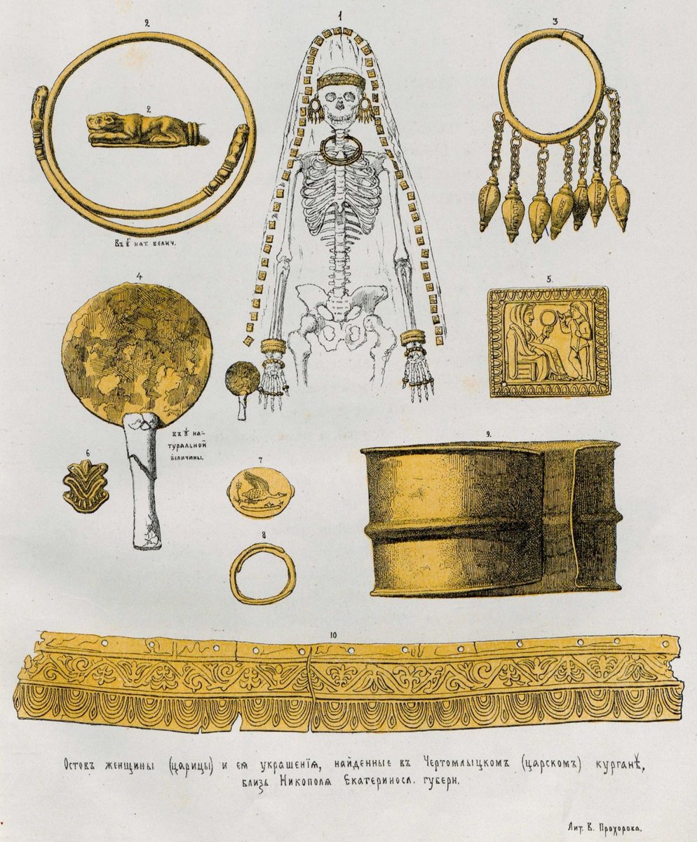 archaeologyart's tweet image. Skeleton of a Scythian queen and her jewelry, found in the Chertomlyk barrow, near Nikopol, Katerynoslavsk Governorate (today Dnipropetrovsk Oblast, Ukraine). Headdress and ornaments of the clothes of the priestess Dimitra / Demeter, found in the tomb. Vasily A. Prokhorov, 1881.