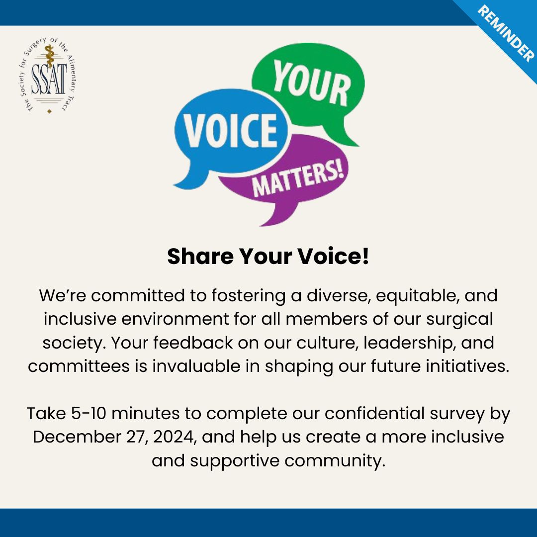 SSATNews's tweet image. Help us foster inclusivity! Share your feedback on our culture, leadership, and committees.

🗓️ Complete our confidential survey by Dec 27, 2024: fs8.formsite.com/AoljNr/elq6vkr…

#DEI #InclusiveCommunity #SurgicalSociety #FeedbackMatters #ShapeTheFuture