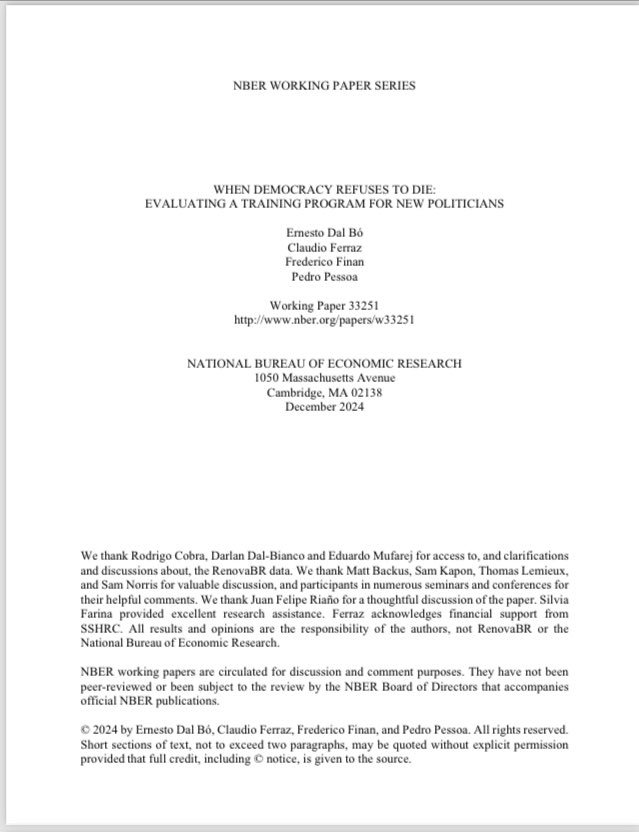 New working paper out. Are training programs for new politicians effective in bringing new people into office? nber.org/papers/w33251?…