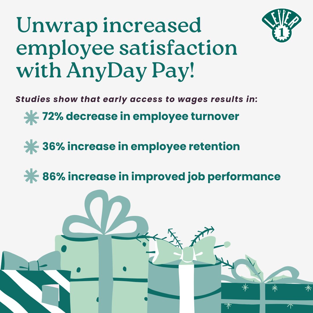 Tired of waiting for payday, especially during the holidays? Lever1's AnyDay Pay program allows employees to access earned wages before payday. 🎁

Call us today to say goodbye to old payroll processes and hello to happy employees. 💸

#Payroll #EmployeeBenefits #Lever1