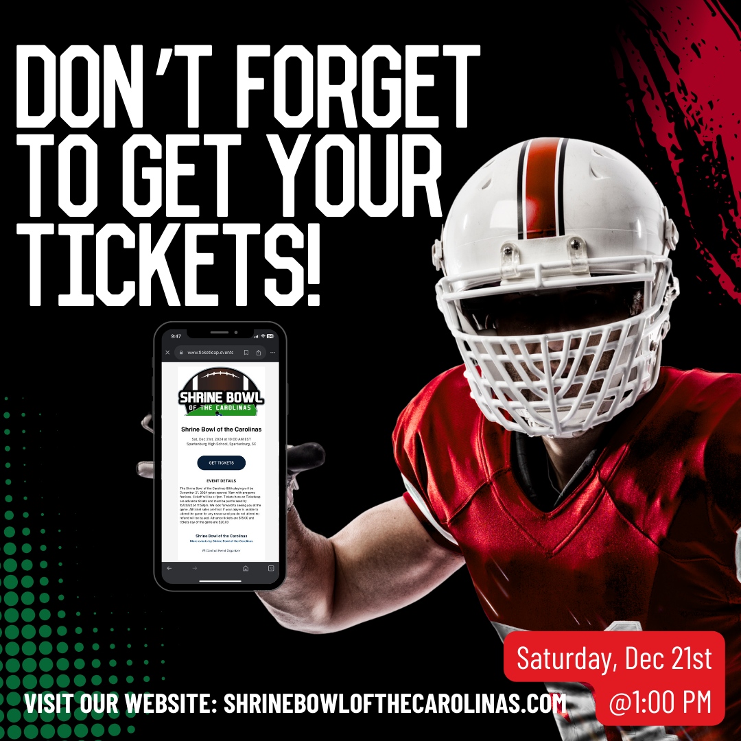 Time's ticking! Grab your tickets for the Shrine Bowl of the Carolinas and witness the best of high school football this December! 🏈🔥 #ShrineBowl #GetYourTickets #ShrineBowlOfTheCarolinas #ShrineBowl #NC #SC