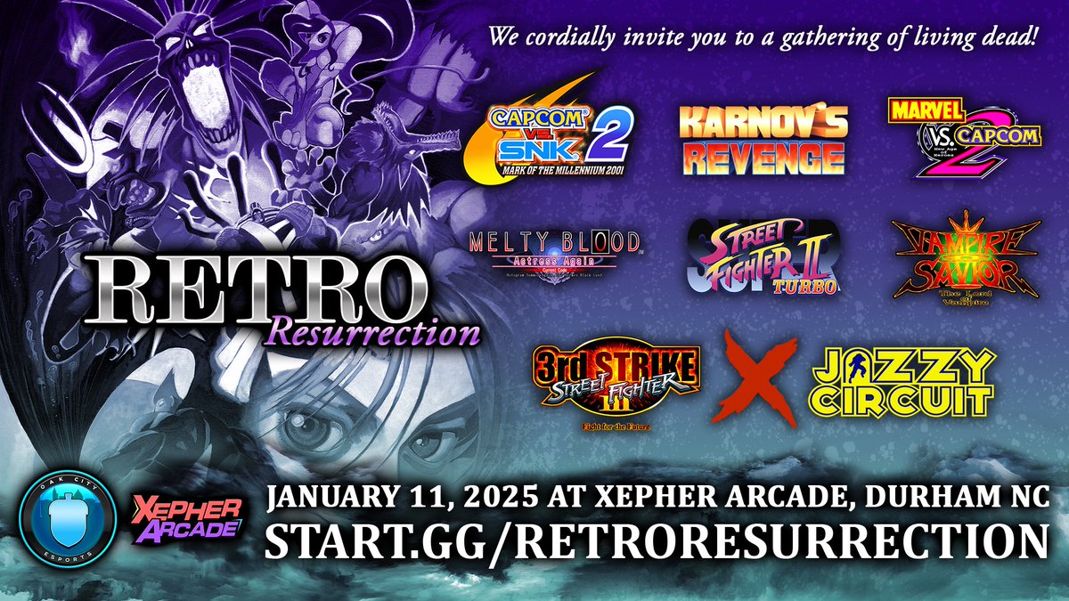 OakCityEsports's tweet photo. Starting the new year strong with a brand new tournament series

#RetroResurrection 🧛 👴 👊 🏆

Old flames never burn out 🔥 

Jan 11th
Durham, NC @XepherArcade 

https://t.co/CBoize1b6s

#SFIII3rdStrike #Jazzy3S
#ST
#CVS2 
#MVC2 
#VSAV
#MBAACC
#Karnov https://t.co/7nqjpxehpH