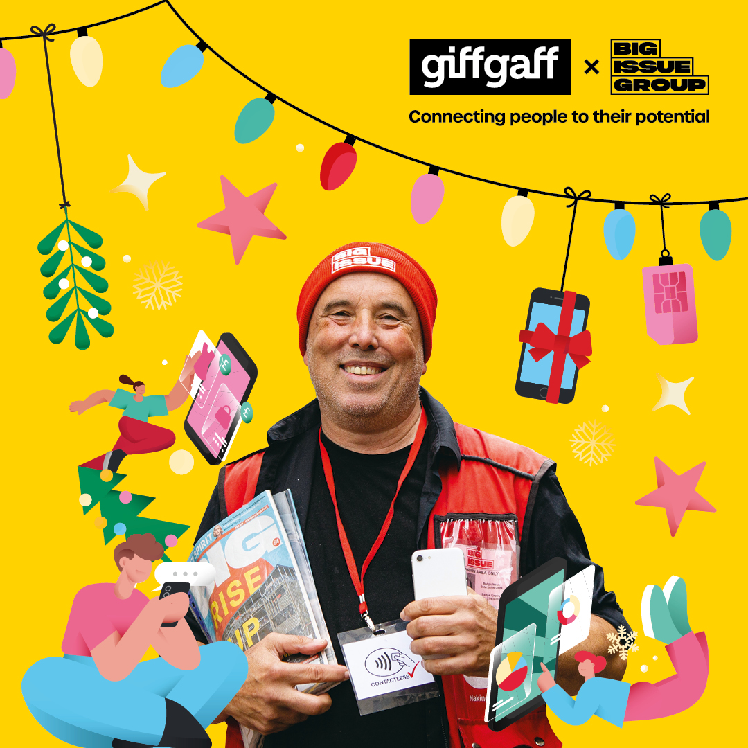 BigIssue's tweet photo. #Ad Our brilliant partnership with @giffgaff is making buying the magazine easier than ever, with giffgaff devices helping vendors take cashless payments. Vendor André has already doubled his sales, just in time for Christmas! Read more here: https://t.co/8RMpnYkg3z #Ad #UpToGood