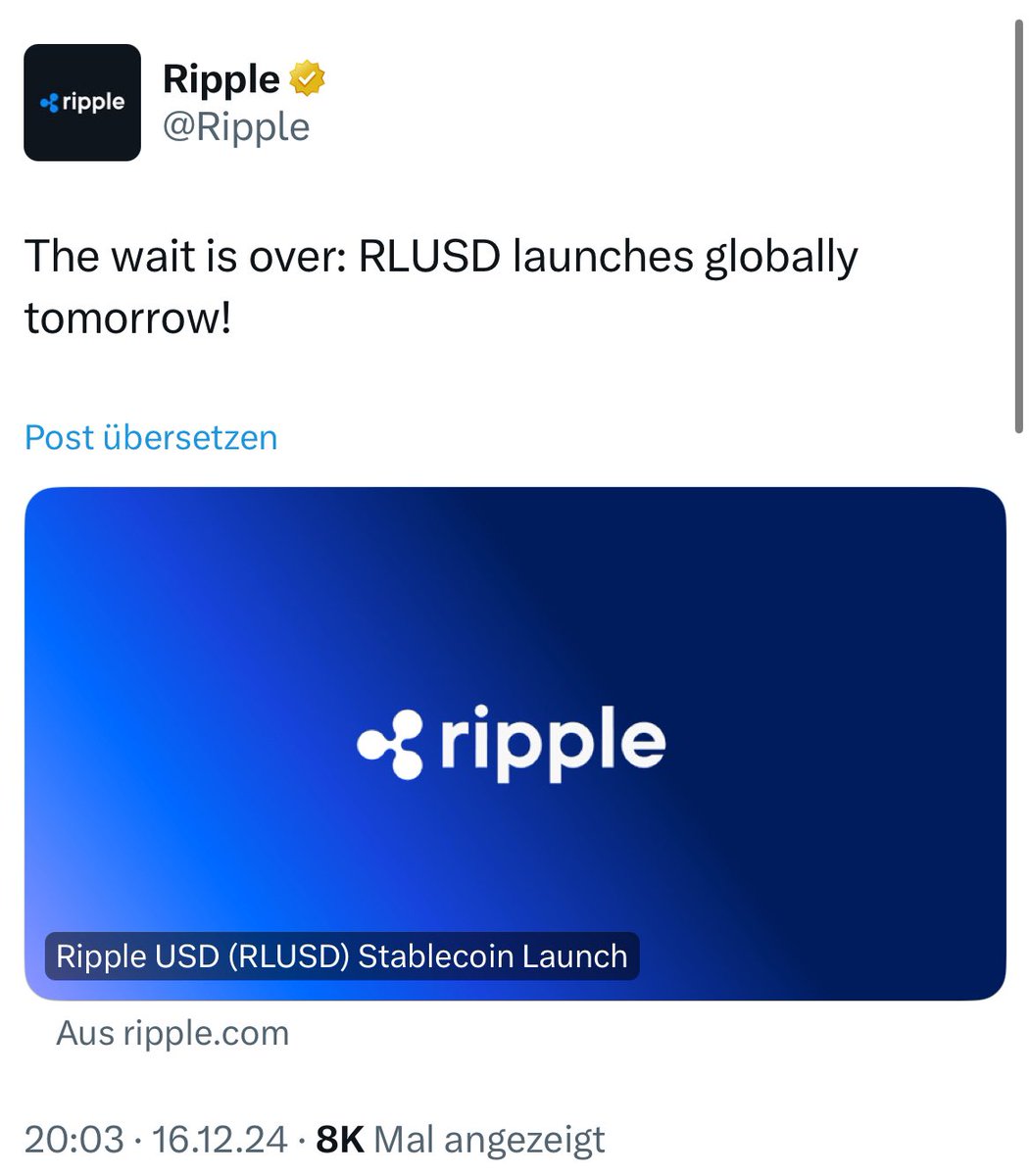 _Crypto_Barbie's tweet image. 🚨 BREAKING:

RIPPLE HIMSELF CONFIRMED THAT THEIR STABLECOIN ‚RLUSD‘ WILL LAUNCH GLOBALLY TOMORROW! 🙌🏼 

THE WAIT IS OVER! ⏰ #XRP TO THE MOON! 📈
