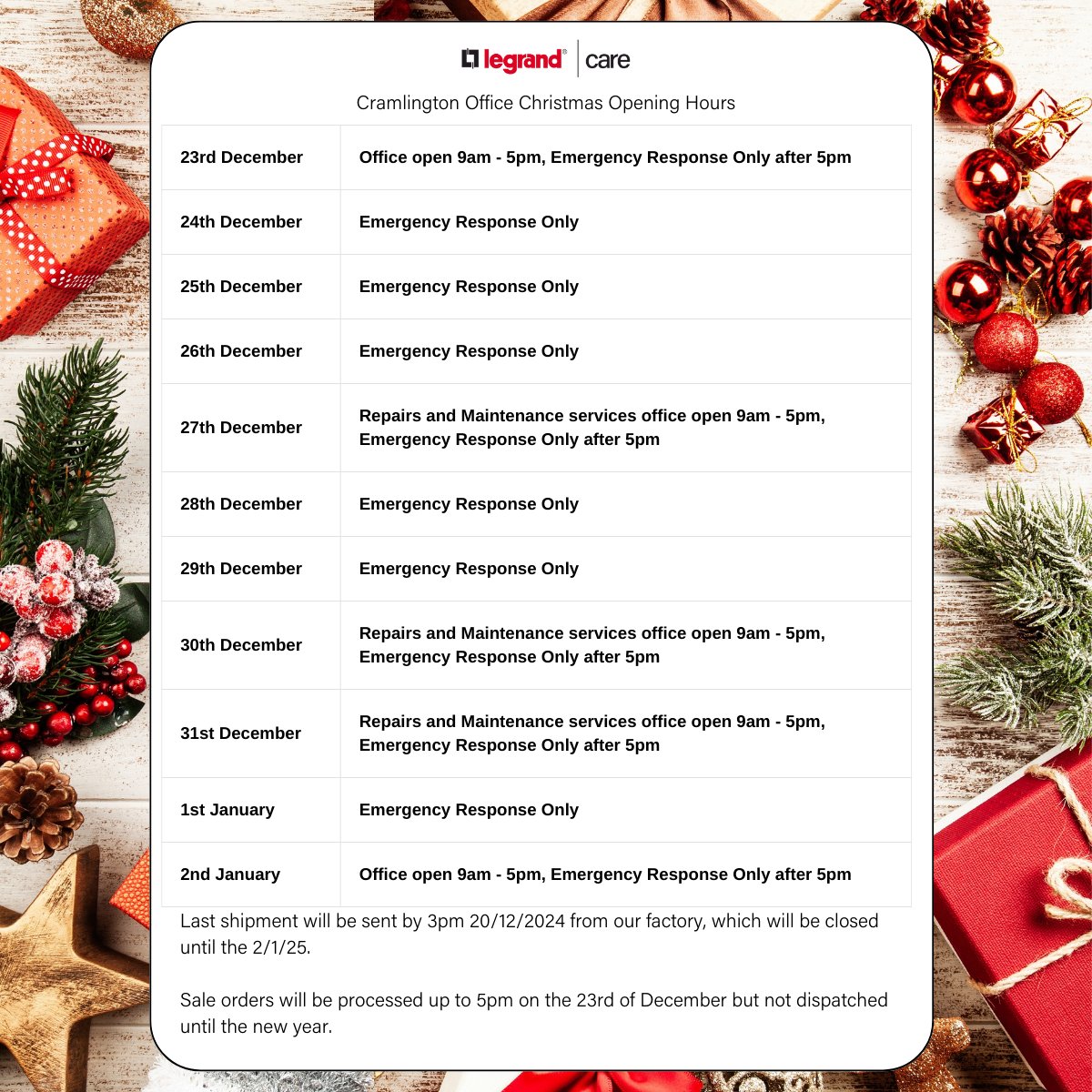 LegrandCare (@legrandcare) on Twitter photo Christmas Opening Hours for the UK Cramlington Office.
#MerryChristmas Christmas Opening Hours for the UK Cramlington Office.
#MerryChristmas