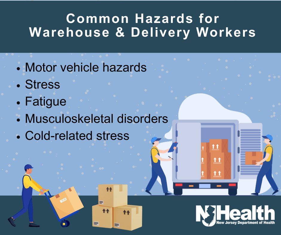 NJDeptofHealth's tweet photo. Warehouse and delivery workers get your holiday packages to your door. Common hazards are motor vehicle risks, stress, fatigue and shiftwork, musculoskeletal disorders, and cold-related stress. #KeepWorkersSafe this holiday season. Learn more: https://t.co/nD2YWjvLzy #HealthierNJ https://t.co/xImc6opHML