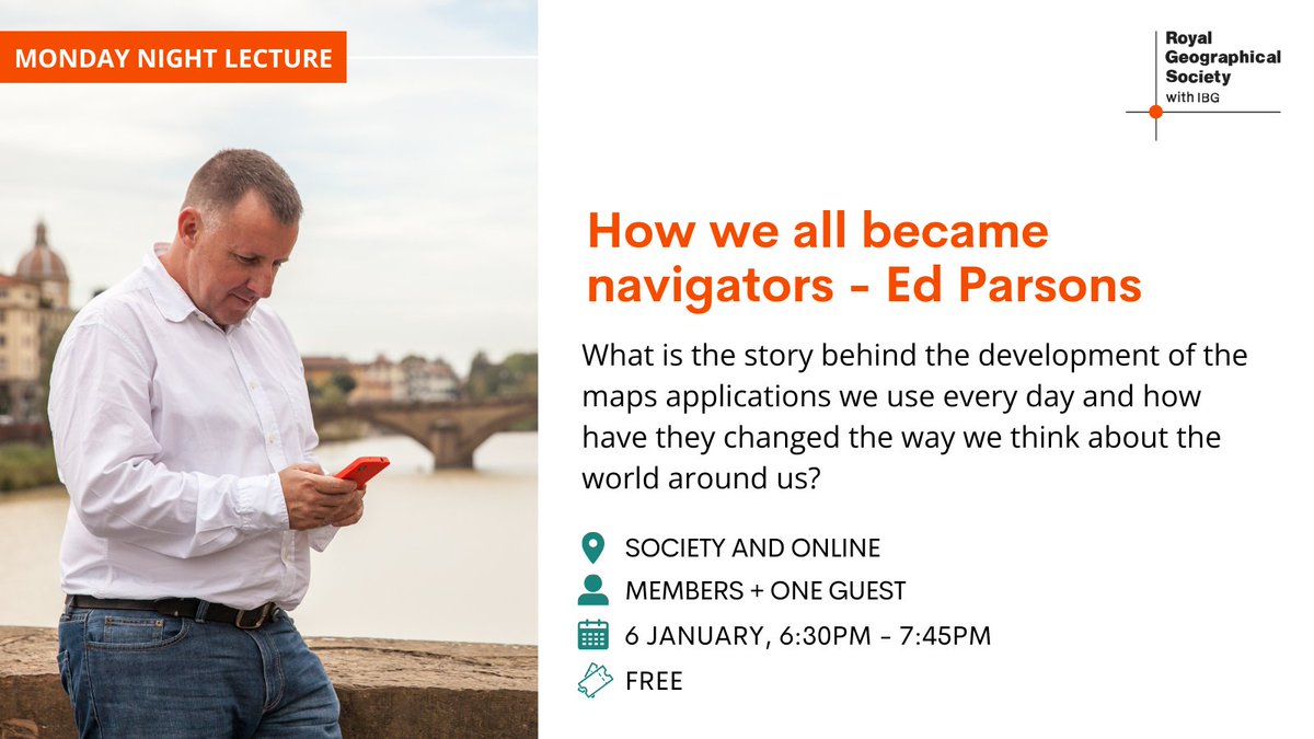 🎊 New year, new Monday night lecture lineup! 

📳Join Ed, a digital geographer and expert in geospatial technology, as he explores the story behind the Maps application at our first Monday night lecture of 2025.

📌Society and online, 6 January
👉Book now rgs.org/events/upcomin…