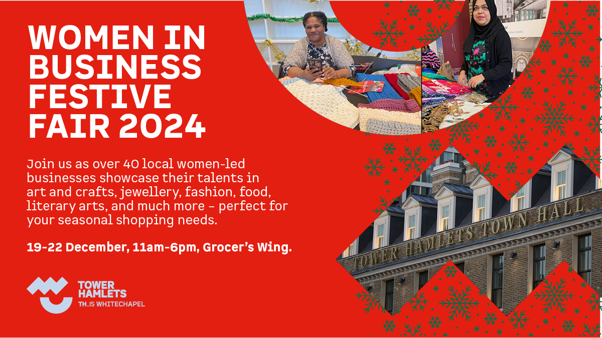 Tower Hamlets Council (@towerhamletsnow) on Twitter photo ๐Join us at the Women in Business Festive Fair from 19-22 December.
Shop from local women-led businesses, enjoy panel discussions, and experience family-friendly entertainment and live prizes daily.
Support local business and have fun while doing it โฃ๏ธ๐orlo.uk/df4W4 ๐Join us at the Women in Business Festive Fair from 19-22 December.
Shop from local women-led businesses, enjoy panel discussions, and experience family-friendly entertainment and live prizes daily.
Support local business and have fun while doing it โฃ๏ธ๐orlo.uk/df4W4