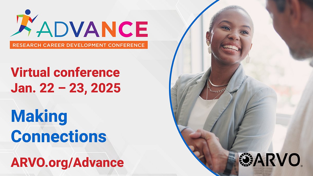 Secure your spot for making connections at Advance—<a href="/ARVOinfo/">ARVO</a>'s annual #research #careerdevelopment virtual conference (Jan 22-23, 2025). Get tips/strategies on finding/connecting with collaborators while honing your networking skills. FREE for ARVO members bit.ly/3DOY4C5