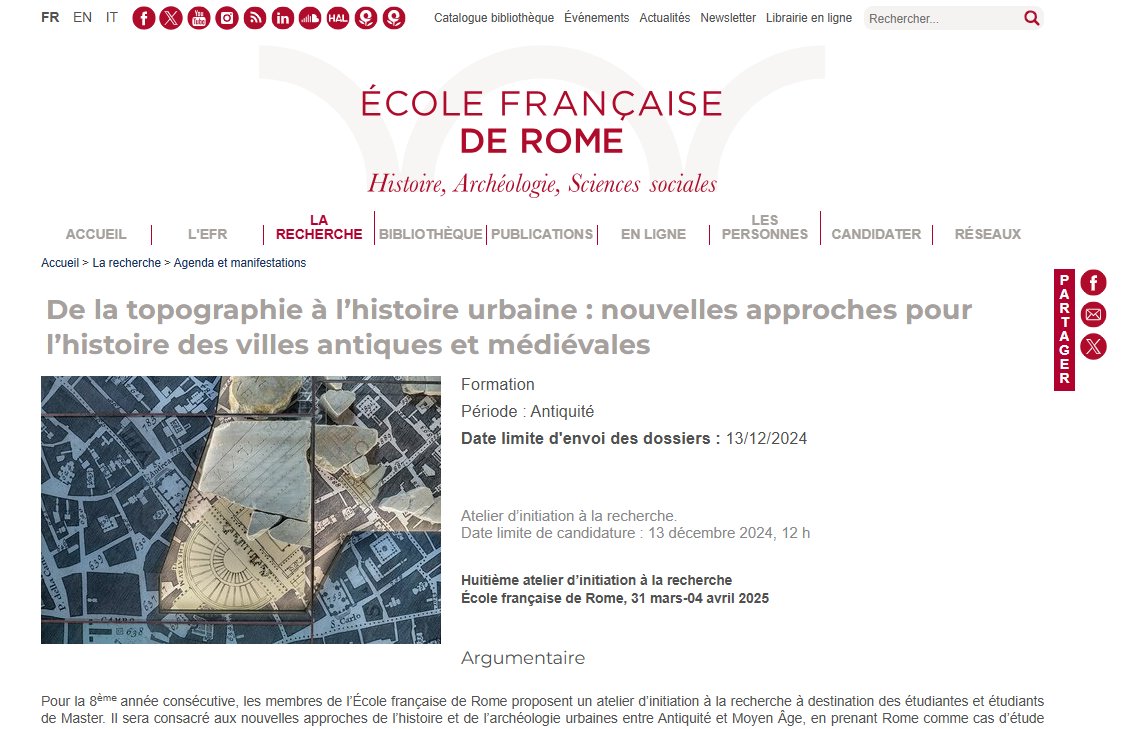 🚨 L'<a href="/ef_rome/">École française Rome #ResEFE</a>  organise un atelier pour les masterants, en avril 2025 : 
"Nouvelles approches pour l'histoire des villes antiques et médiévales"
Suite à un bug, ils ont perdu les dossiers Y COMPRIS DEJA RECUS ! Il faut donc repostuler. Merci de faire tourner l'info... 🙏