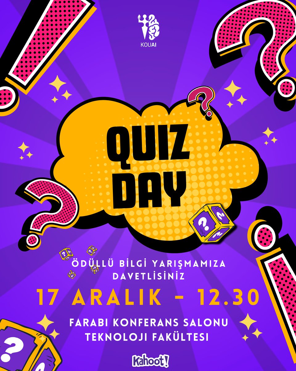 Beynini çalıştırmaya hazır ol! 🧠  17 Aralık 12.30'da Teknoloji Fakültesi'nde Quiz Day başlıyor! Ödüller ve eğlence seni bekliyor! 🥳  #Kou #kahoot #Quiz #yarışma