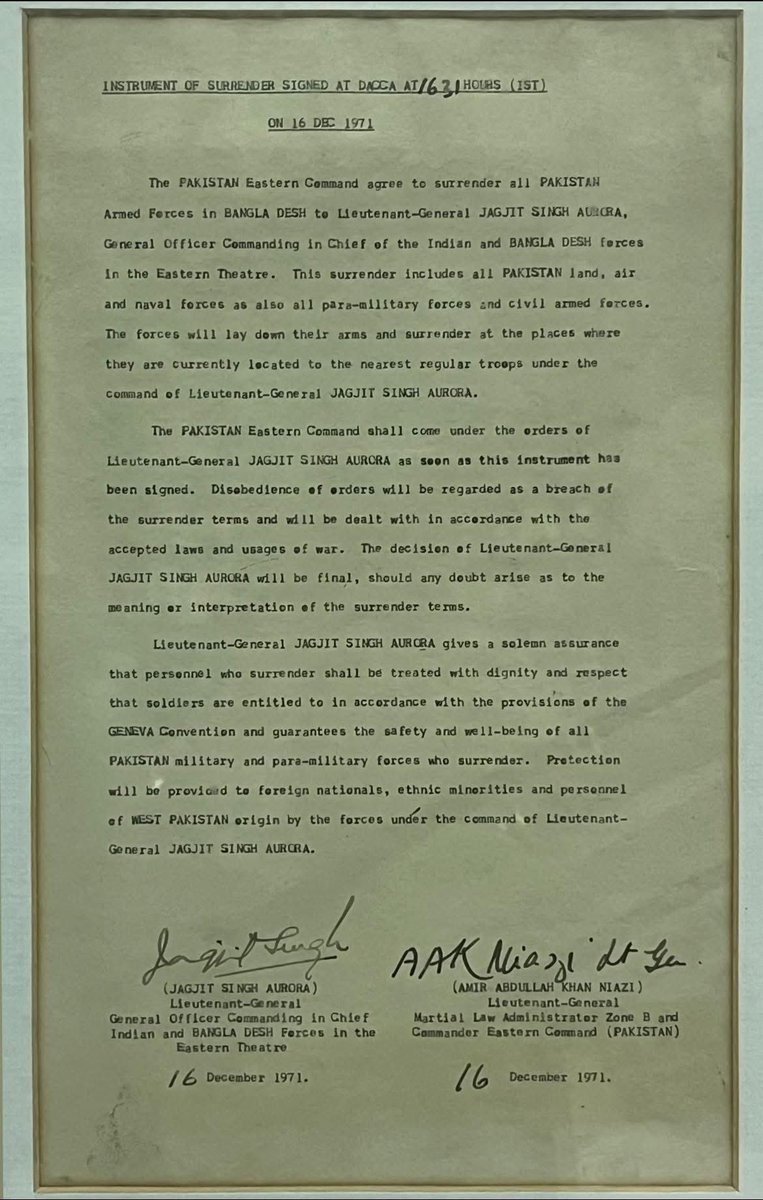 Military_Fest's tweet photo. On this day 53 years ago, the ‘Instrument of Surrender’ was signed, marking the liberation of Bangladesh. This historic document is displayed at the Col Pyara Lal Memorial Library, USI. Wishing you a proud and Happy #VijayDiwas!

#1971war #victory #instrumentofsurrender #jaihind https://t.co/UF2uukoRag