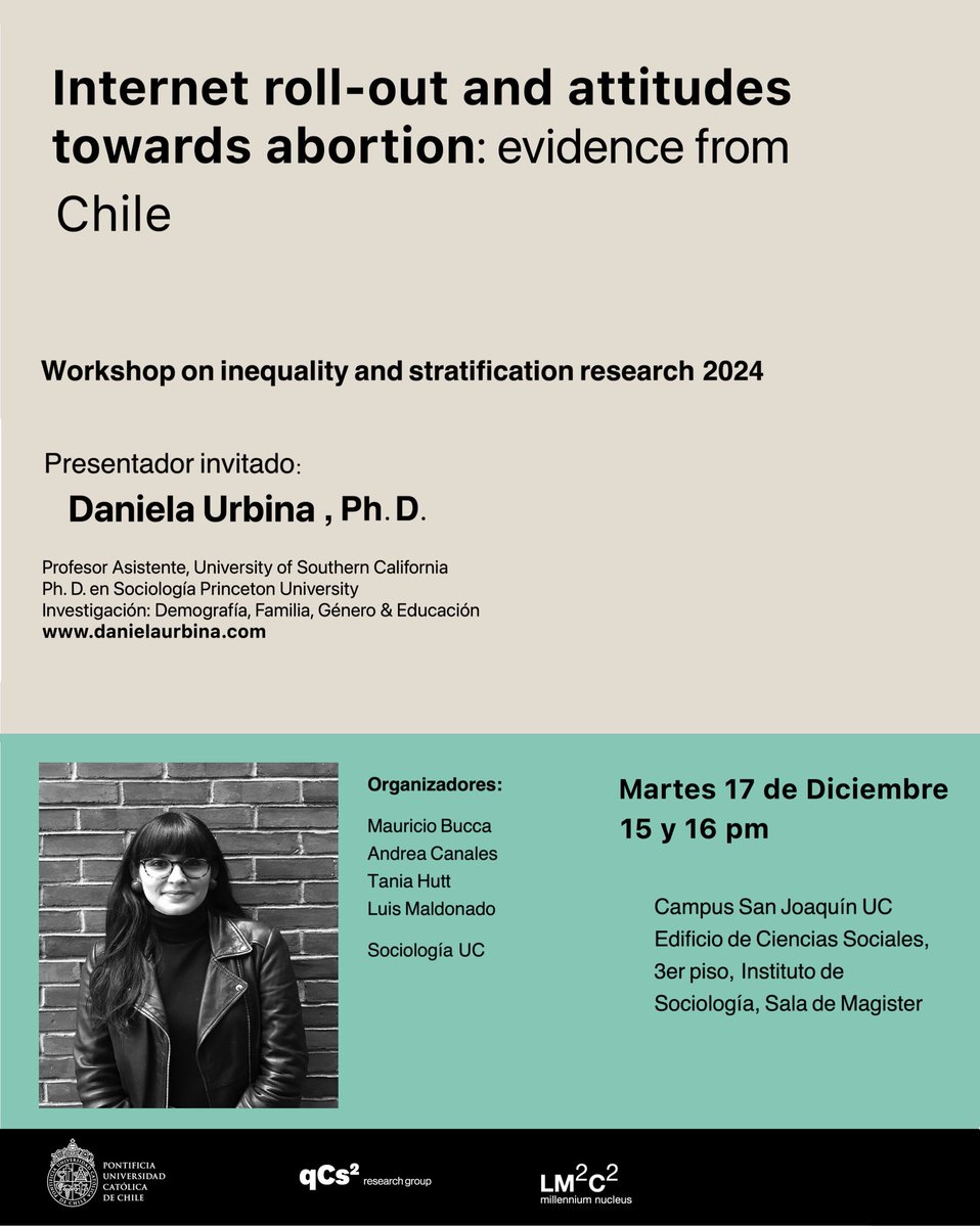 Tania Hutt @taniahutt.bsky.social (@taniahutt) on Twitter photo No se pierdan nuestro último workshop del año, mañana a las 15hrs con Daniela Urbina, quien presentará sobre actitudes frente al aborto en Chile <a href="/Lm2c2millenium/">Núcleo Milenio LM2C2</a> <a href="/UCSociologia/">SociologíaUC</a> No se pierdan nuestro último workshop del año, mañana a las 15hrs con Daniela Urbina, quien presentará sobre actitudes frente al aborto en Chile <a href="/Lm2c2millenium/">Núcleo Milenio LM2C2</a> <a href="/UCSociologia/">SociologíaUC</a>
