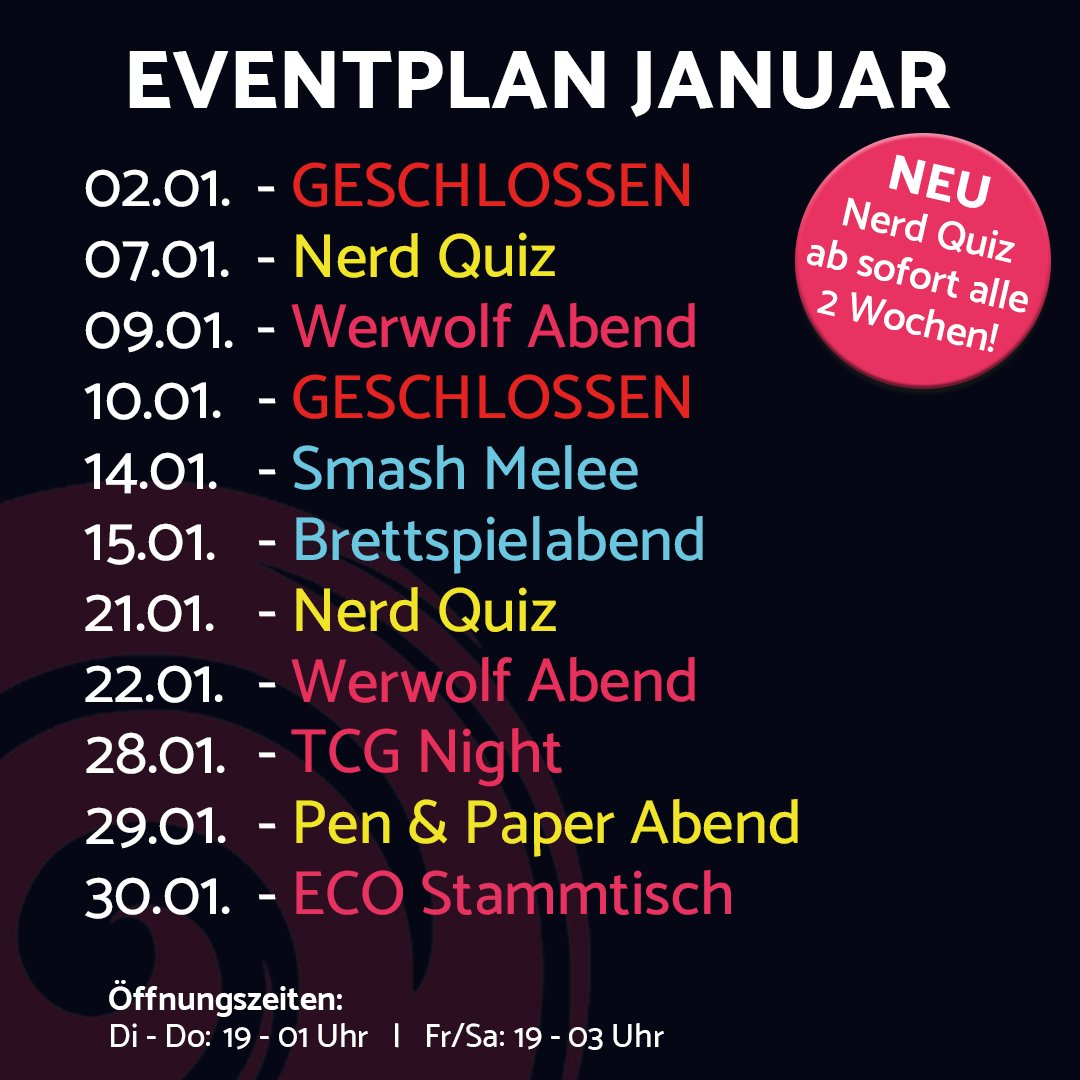 Wir starten das Jahr mit unseren allseits beliebten Eventreihen und einer großen Neuerung: Ab sofort findet das Nerd Quiz ALLE 2 WOCHEN statt! Erzählt es euren Freunden, der Familie, jedem der es wissen will und auch denen, die es nicht wissen wollen 👀